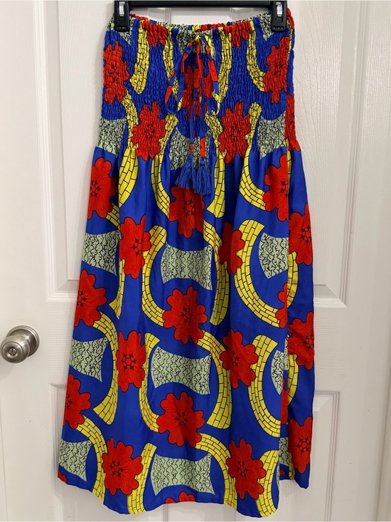 Gypsieblu Dresses & Skirts - Strapless Smocked Maxi Dress in Blue with Red Floral Print Gypsie Blu